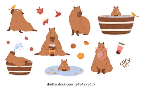 Bundle Vektor lustige Capybara in einem Cartoon-Stil für Aufkleber, Druck, Maskottchen. Trendiges Design. Weißer Hintergrund. Isoliert.