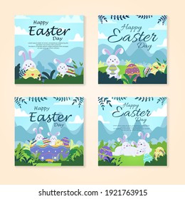 bundle vector Happy easter illustration with funny bunny. spring nature, flowers, ornate Easter egg. Flyer, banner, poster and template design.