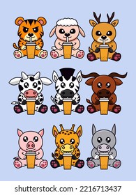 Bundle vector illustration of cute animal drinking boba