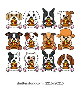 Bundle Vector Illustration Of Cute Dogs Eating Pizza