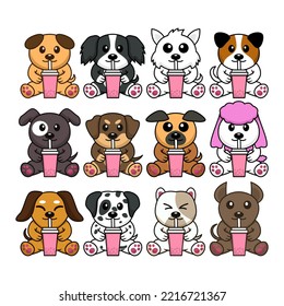 Bundle vector illustration of cute dogs drinking various kinds of boba