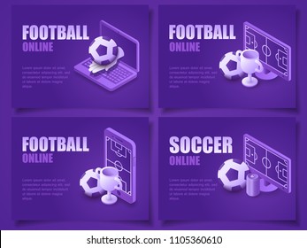 Bundle vector illustration isometric football online live on modern device gadgets. Pack concept soccer online