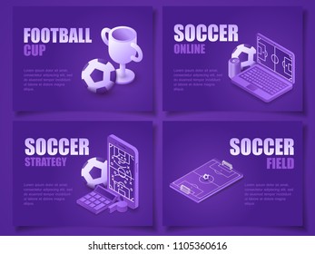 Bundle vector illustration isometric purple gradient soccer field with strategy on screen smartphone. Set concept football cup online