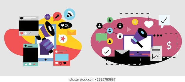 
A "Bundle Vector Illustration Online Marketing" is a collection of digital graphics in vector format that features visuals related to various aspects of online marketing