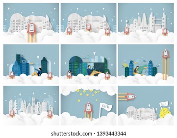 Bundle vector illustration with start up concept in paper cut, craft and origami style. Rocket is flying on blue sky. Template design for web banner, poster, cover, advertisement.
