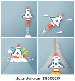 Bundle vector illustration with startup concept in paper cut, craft and origami style. Rocket is flying on blue sky. Template design for web banner, poster, cover, advertisement. Art craft for kid.