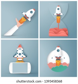 Bundle vector illustration with startup concept in paper cut, craft and origami style. Rocket is flying on blue sky. Template design for web banner, poster, cover, advertisement. Art craft for kid.
