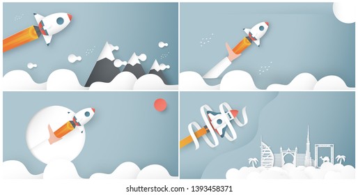 Bundle vector illustration with startup concept in paper cut, craft and origami style. Rocket is flying on blue sky. Template design for web banner, poster, cover, advertisement. Art craft for kid.