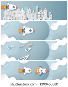 Bundle vector illustration with startup concept in paper cut, craft and origami style. Rocket is flying on blue sky. Template design for web banner, poster, cover, advertisement. Art craft for kid.