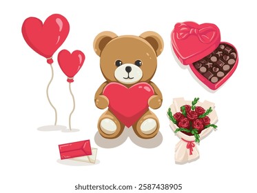 Bundle of vector illustrations include a teddy bear holding a heart, with romantic elements such as balloons, chocolates, roses and love letters. Perfect for Valentine's Day and love themed designs. 