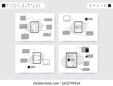 Bundle vector infographic report illustration made from lines and icons with black an white color. 