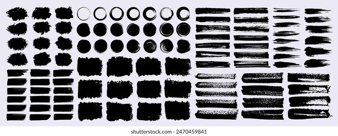 Bundle of vector ink paint brush stroke, grunge background, line, circle and frames for social media. Watercolor splatter, dirty texture and torn or rip paper set. Business banner ornament clip art.