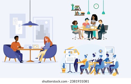 Paket von Illustrationen zum Thema Vectortreffen und Geschäftsplanung: Eine umfangreiche Sammlung von 3 Bildern, die produktive Meetings- und Planungsumwelten darstellen