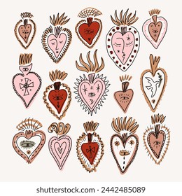 Bundle of vector mystical groovy vintage whimsical doodle sacred hearts. Valentines love characters. Hand-drawn sketchy set, Jesus saint burning heart collection. Art print boho clipart symbols