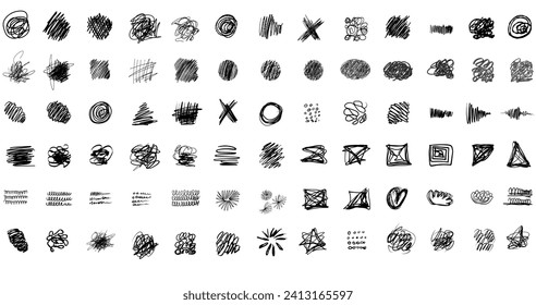 Bundle vector set ink hand drawn black markers scribbles design elements isolated on white.