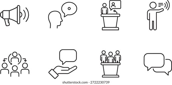 Un Paquete de íconos de silueta de Vector que representan conceptos de comunicación, presentación y habla pública