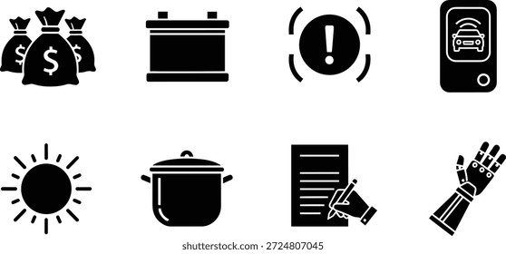 Ein Bündel von Vektorsilhouettensymbolen für das Design, einschließlich Geld, Batterie, Warnzeichen, Telefon, Sonne, Topf, Dokument und Hand