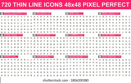 Bundle vector thin line icons. Contains such Icons as Business, Finance, Marketing, E-Commerce, Education, Analysis, Delivery and more. UI, UX vector icon. 48x48 pixel perfect linear pictogram pack.