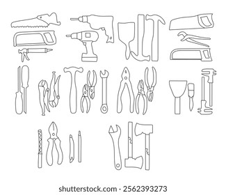 A Bundle of vector tool and engineering are essential for building, repairing, and maintaining structures. Construction tools include hand tools like hammers, screwdrivers, and tape measures.