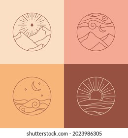 Bundle of vector travel bohemian logos or icons with mountain landscape,sun,sea,aurora lights,crescent moon,sky and sunburst.Boho linear symbols in trendy minimal style.Modern celestial emblems.