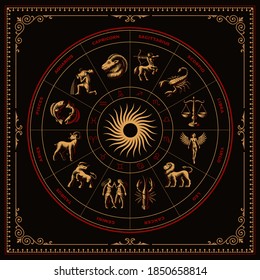 A bundle of vector zodiac signs in engraving style on dark background