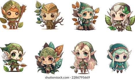 Bundle vectors of cute chibi elves for children illustration. Editable vectors