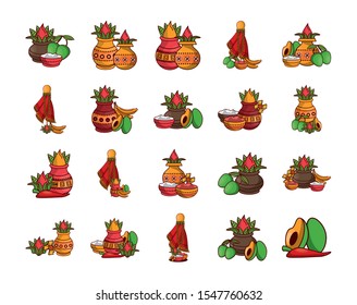 bundle of vegetables and diwali accessories vector illustration design