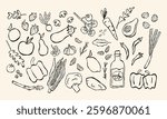 Bundle of vegetables, root vegetables, fruits and greens. Vector drawn contour lines illustration in minimalistic style. Monochrome vector illustration.