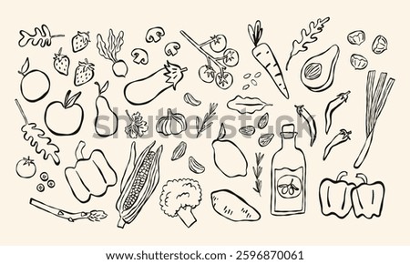 Bundle of vegetables, root vegetables, fruits and greens. Vector drawn contour lines illustration in minimalistic style. Monochrome vector illustration.
