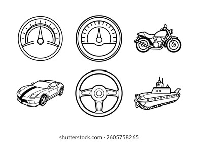 A Bundle of vehicle related icons set with various symbols and elements in a doodle style