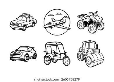 A Bundle of vehicle related icons set with various symbols and elements in a doodle style
