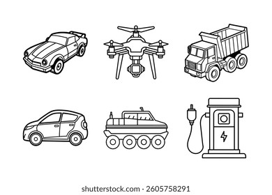A Bundle of vehicle related icons set with various symbols and elements in a doodle style