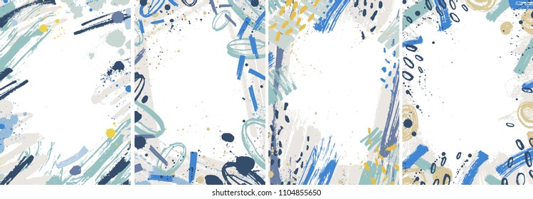 Bundle of vertical backgrounds with abstract colorful paint traces, stains, blots. Collection of card templates decorated with brush strokes. Set of artistic frames. Modern vector illustration.