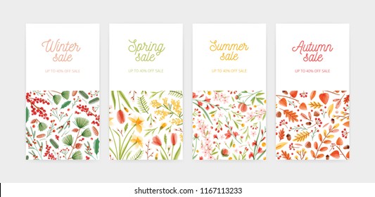 Bundle of vertical banner, promo voucher or coupon templates with seasonal flowers and plants and place for text. Spring, summer, autumn and winter sale or discount. Flat floral vector illustration.