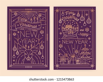 Bundle of vertical Christmas and New Year greeting card, flyer, poster or party invitation templates with holiday wishes and traditional decorations drawn in line art style. Vector illustration.