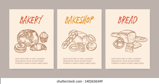 Bundle of vertical flyer or poster templates with tasty breads, sweet delicious pastry or homemade baked products. Monochrome vector illustration in vintage style for bakeshop or bakery promotion.