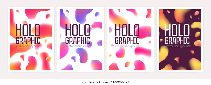 Bundle of vertical holographic backgrounds or backdrops with abstract geometric shapes or gradient colored stains. Set of poster, flyer or card templates. Colorful vector illustration in modern style.