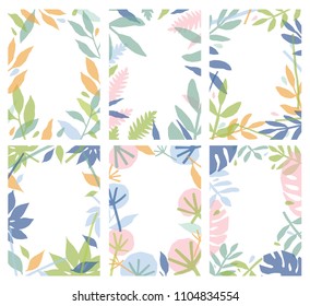 Bundle of vertical natural backgrounds decorated with colorful leaves. Collection of floral card templates with tree foliage. Set of creative frames. Modern vector illustration in flat style