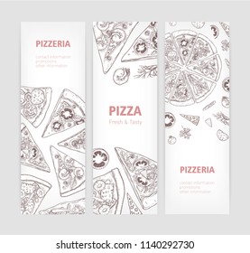 Bundle of vertical web banner templates with delicious classical pizza hand drawn with contour lines and place for text on white background. Realistic vector illustration for pizzeria or restaurant
