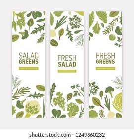 Bundle of vertical web banner templates with green vegetables, fresh salad leaves and spice herbs on white background. Vector illustration for eco friendly organic products advertisement, promotion.