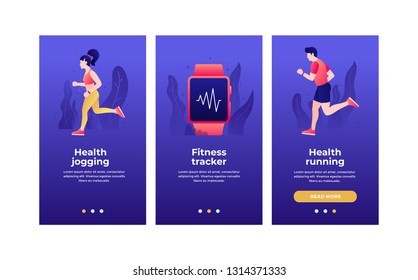 Bundle of vertical web banner templates. Running young people in sportswear and fitness tracker. Concept of sports and healthy lifestyle. Modern interface UI / UX screens. Flat vector illustration.