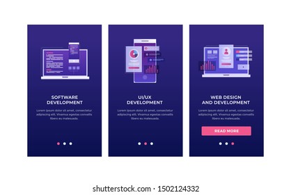 Bundle of vertical web banner templates. Smartphone and laptop with interface elements. Concept of development a mobile UI/UX interface. Mobile app. Flat Design Oneboarding Concepts.