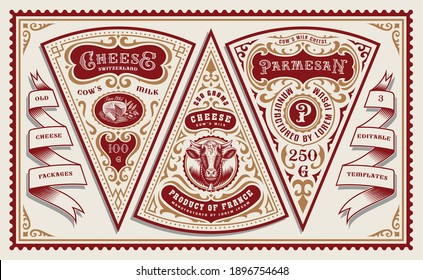 A bundle of vintage cheese labels or packages, all elements are in separate groups and easily editable