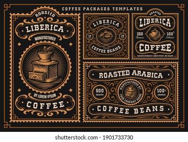 A bundle of vintage coffee labels, these designs can be used as coffee packages in retro style