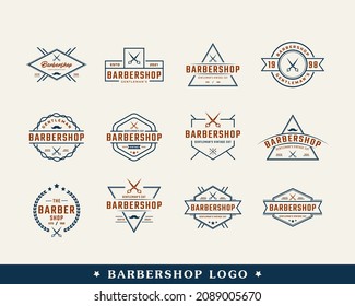 Bundle of Vintage Emblem Badge Barber Shop Logo with Scissors Symbol for Gentleman Haircut in Retro Style Vector Illustration