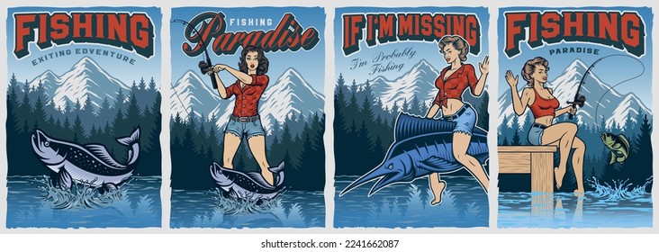 Bundle of vintage fishing posters with pin up girls, fishing rod, marline, salmon and wild nature