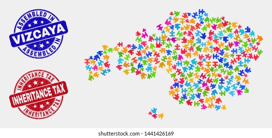 Bundle Vizcaya Province map and blue Assembled seal, and Inheritance Tax textured seal. Colored vector Vizcaya Province map mosaic of plugin parts. Red rounded Inheritance Tax seal.