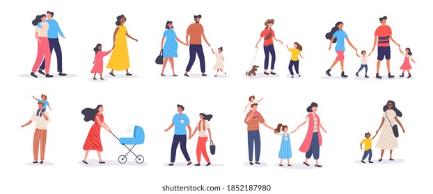 Bundle of walking families. Collection of mothers, fathers and children spending time together. Set of strolling parents and kids isolated on white background. Flat cartoon vector illustration