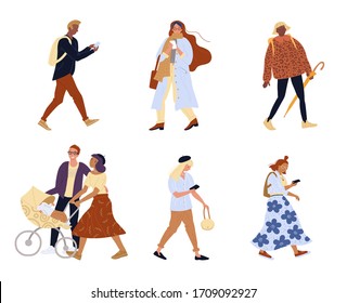 Bundle of walking people, family. Mother, father strolling baby in pram. Young girl boy diverse nation networking, messaging via smartpone. Female teenager holding umbrella. Character isolated set