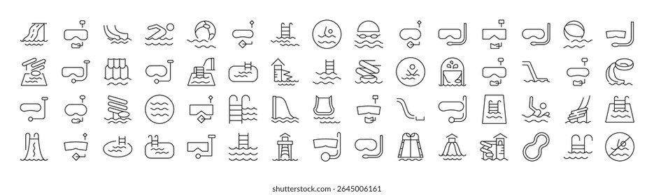 Pacote de Parque Aquático, Aquapark, Piscina, Ícones de linha relacionados com mergulho. Outline Signs para Gráficos e Web Design, Apps, Anúncios, Vários Cartões 